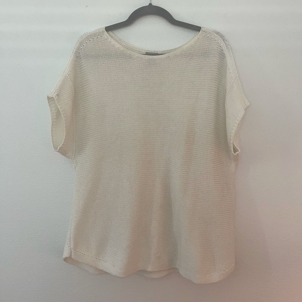 Chicos Womens White Open Knit Short Sleeve Sweater Top